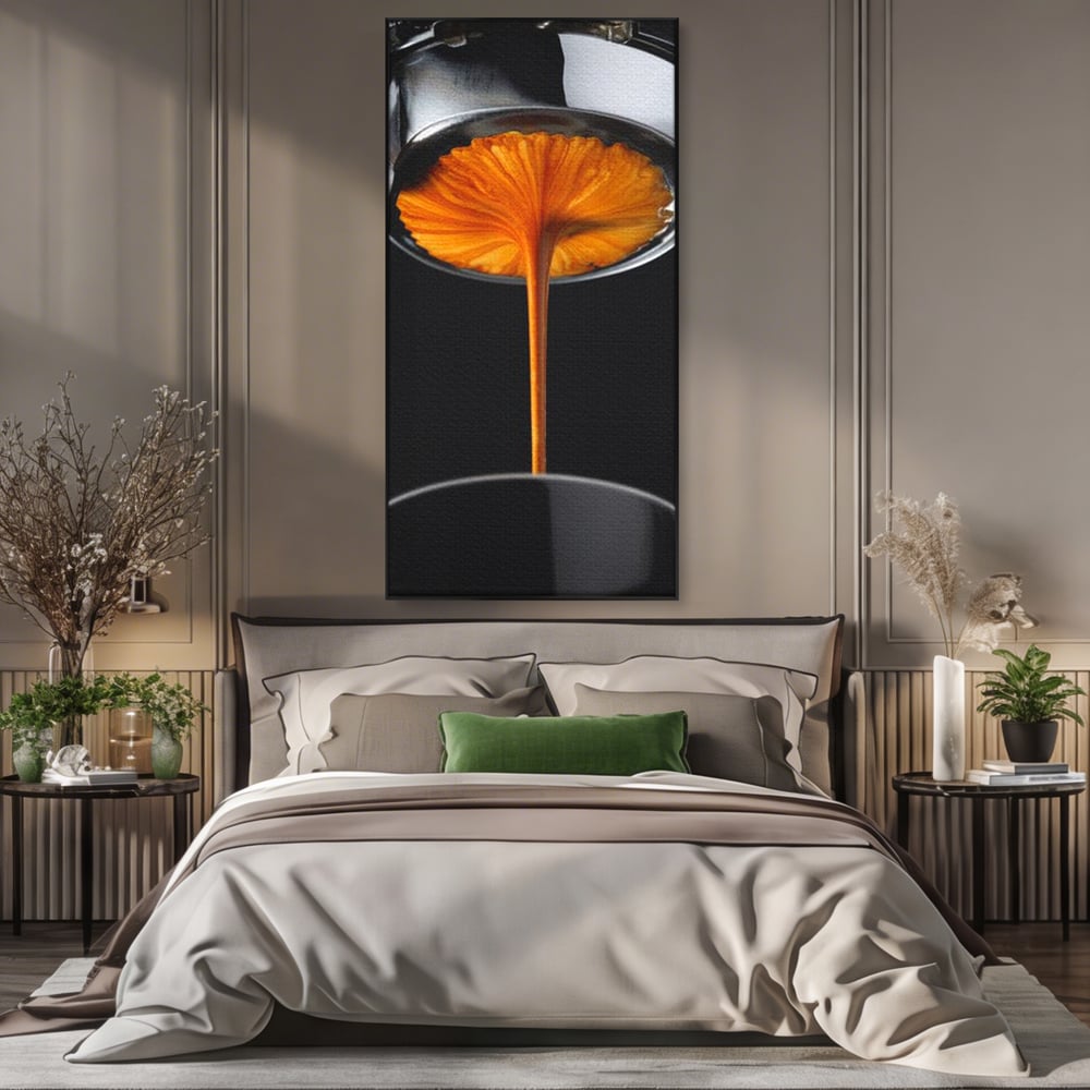 Tablou canvas cu tablou canvas cu jet de espresso, in rama de aluminiu negru, pe perete intr-un dormitor